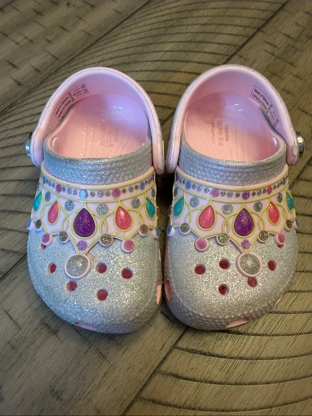 CROCS Kids Glitter Jewel Clogs in Pink, Silver & Multi